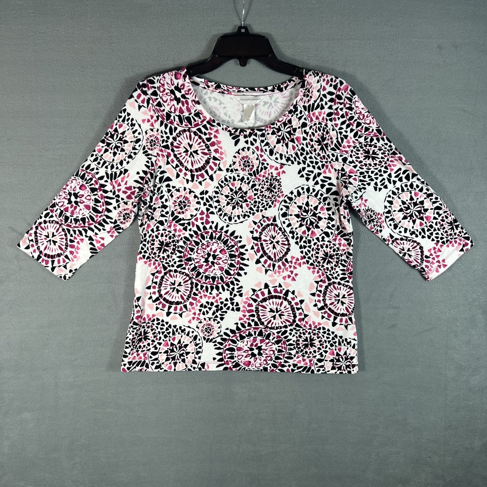 Christopher & Banks‎ Women's M Pink Black White Abstract 3/4 Sleeve Scoop Neck